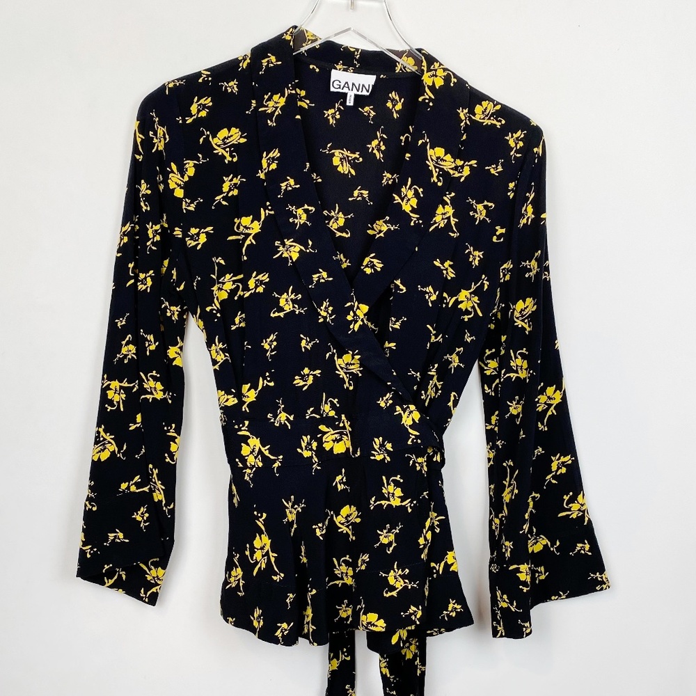 Ganni Floral Wrap Blouse Black Yellow Crepe 38